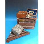 A collection of treen to include a small tool box, cribbage box, walnut box, pewter box,
