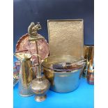 A quantity of copper and brass ware including warming pan and tray