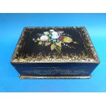 A lacquer box with hand painted floral scene inlaid pearl,