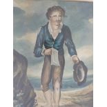 Two watercolours, one of a couple by a river, the other of a man on a beach,