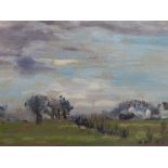 Impressionist oil landscape with buildings,