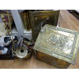 A large collection of metalware including brass coal scuttle, embossed box,