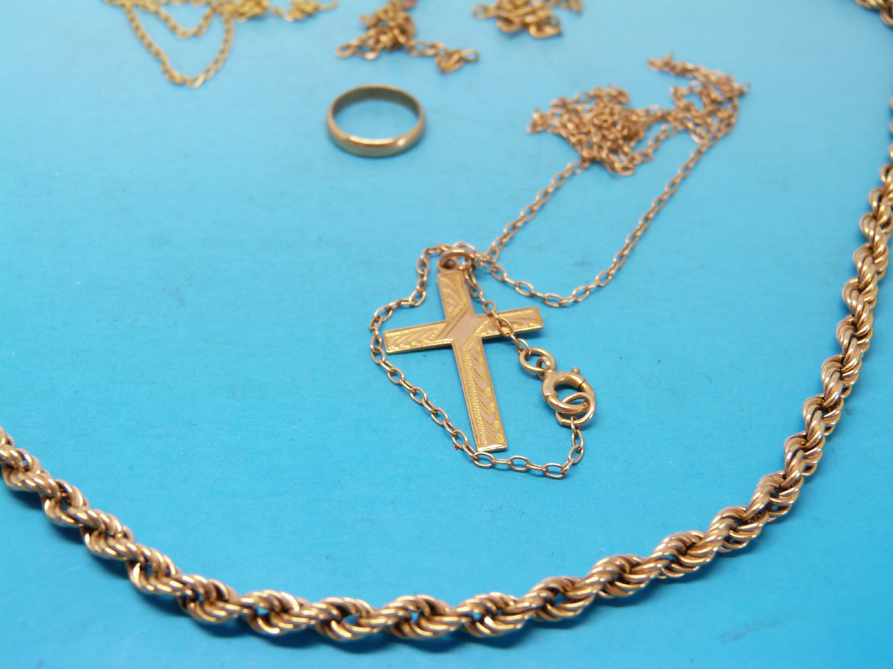 A 9ct gold rope twist necklace, yellow metal cross pendant marked 9ct, - Image 2 of 3
