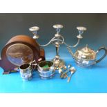 A quantity of silver plate including tea set, Rifle Club spoons (four hallmarked silver, 60g),