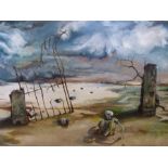 A gilt framed oil on canvas surreal landscape with skulls and skeletons 'The Gates',