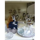 A quantity of silver plate including candelabra, tea set,