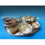 A collection of silver plate to include galleried tray, wine coasters,