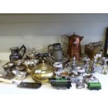 A quantity of silver plated ware including candelabra, tray, teaware, brass ware,