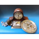 A small collection of plated ware and an oak cased carriage clock