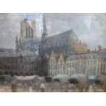 A framed and glazed mezzotint of 'Market at Ypres by After Terrick Williams RA,