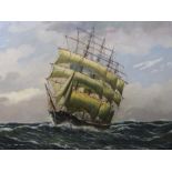 An oil on canvas of ship in full sail on the high seas,