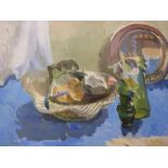 Meredith Ramsbotham: A still life oil of basket with bread, vase and plate,