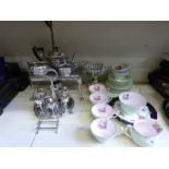 An egg set on stand, plated tea set, hotplate with spirit burner,