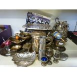 A collection of silver plated and pewter items including platters,