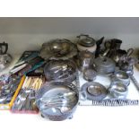 A quantity of silver plated items to include swing handled basket, cutlery, pewter tea set etc,