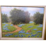 S Myles: Oil landscape of path through a meadow with blue flowers (signed)