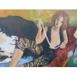 An oil on canvas (unframed) 'Lady Reclining with a String of Pearls',