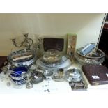 A quantity of silver plated items to include candelabra, tray,