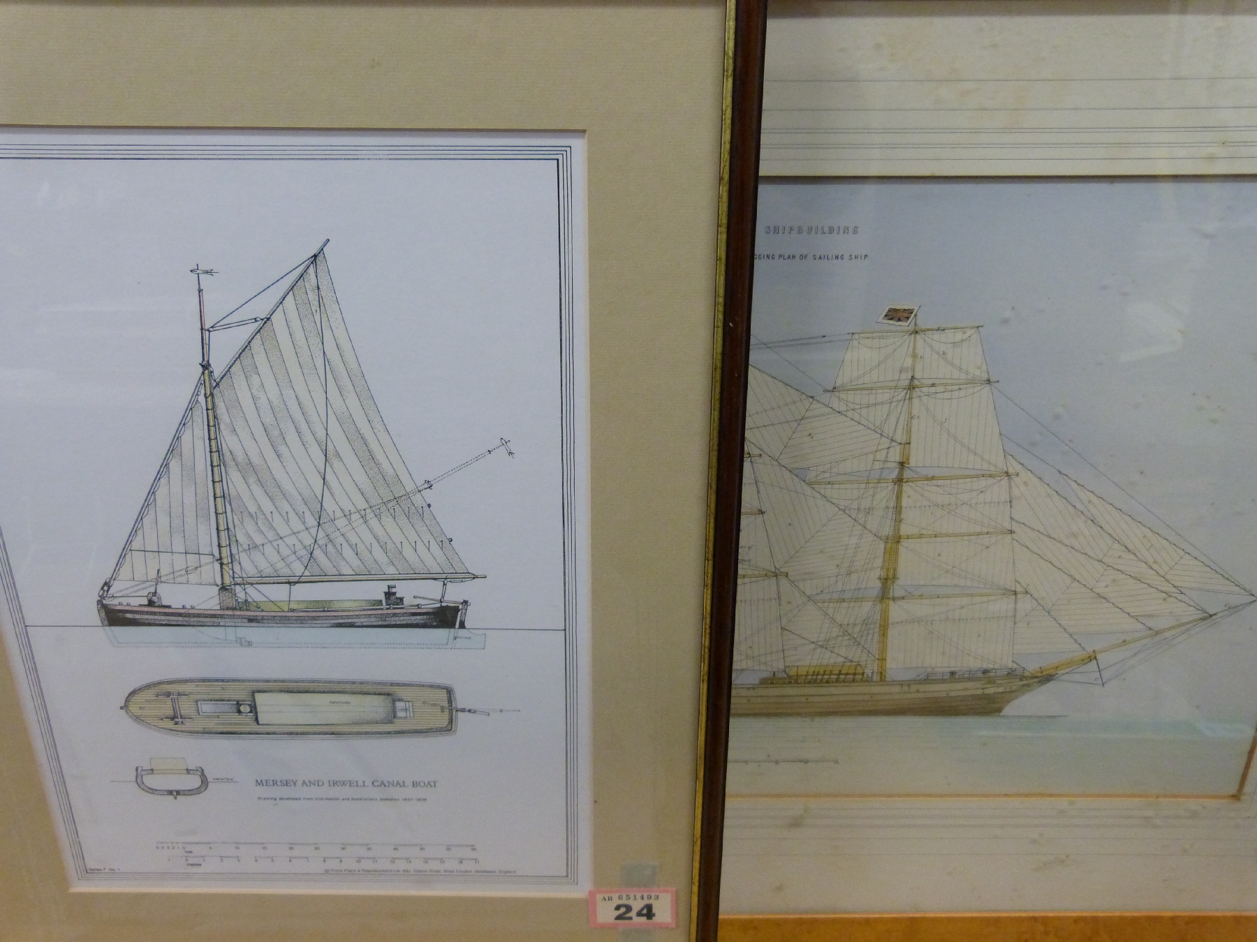 A print of a Mersey and Irwell canal boat, framed rigging plan of a sailing ship, - Image 2 of 4