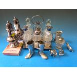 A plated six bottle glass cruet, various sifters, novelty items including snooker chalk holder, pig,