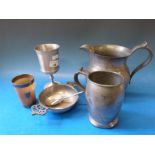 A hallmarked silver mounted horn cup together with a collection of pewter