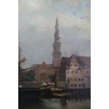 Framed 19thC school oil on canvas of a quayside scene, possibly Dutch, signature indistinct.