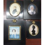 Four silhouettes / miniatures including a silhouette reverse painted on glass