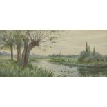Arthur Glendening: Watercolour of river landscape with fisherman signed 'Arthur Glendening 1919'