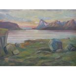 Oil on canvas of a sunset over a lake and mountains,