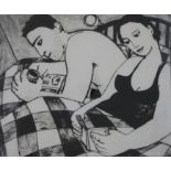 Anita Klein: signed artist proof etching of a man and woman in bed reading and her partner with a