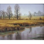Christopher Osbourne: Oil on board of a river scene 'Country Quiet' verso probably Essex/Suffolk