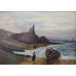 An oil on canvas of net menders on a seashore with tin mine to the background,