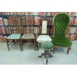 A collection of upholstered chairs and a stool together with a gilt framed wall mirror approx 45cm