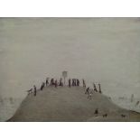 LS Lowry signed print 'The Noticeboard' of a crowd on a hill overlooking the sea;