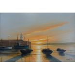 Keith English: Oil on canvas of boats by a harbour wall (60cm x 90cm)