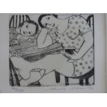 Anita Klein: signed limited edition 70/150 etching of a mother and daughter relaxing (10 x 12cm)