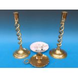 Brass openwork twist candlesticks and two chamber sticks