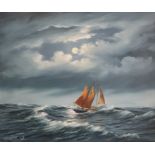 Keith English: Oil on canvas of sailing boat at sea (49.