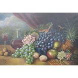 E Harrison: Oil on canvas still life of fruits, flowers, decanter and glass of wine,