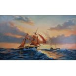 Keith English: Oil on canvas of sailing ships and steam ship at sea (60cm x 101cm)