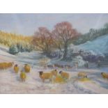 Elizabeth Hill pastel of sheep in a snowy landscape (45 x 56cm)