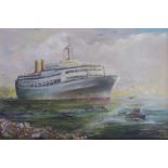 D  Aldridge: Oil on canvas of SS Canberra returning home from the Falklands (59cm x 70cm)