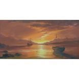Keith English: Oil on canvas of ships at anchor in a red sunset seascape (50cm x 101cm)