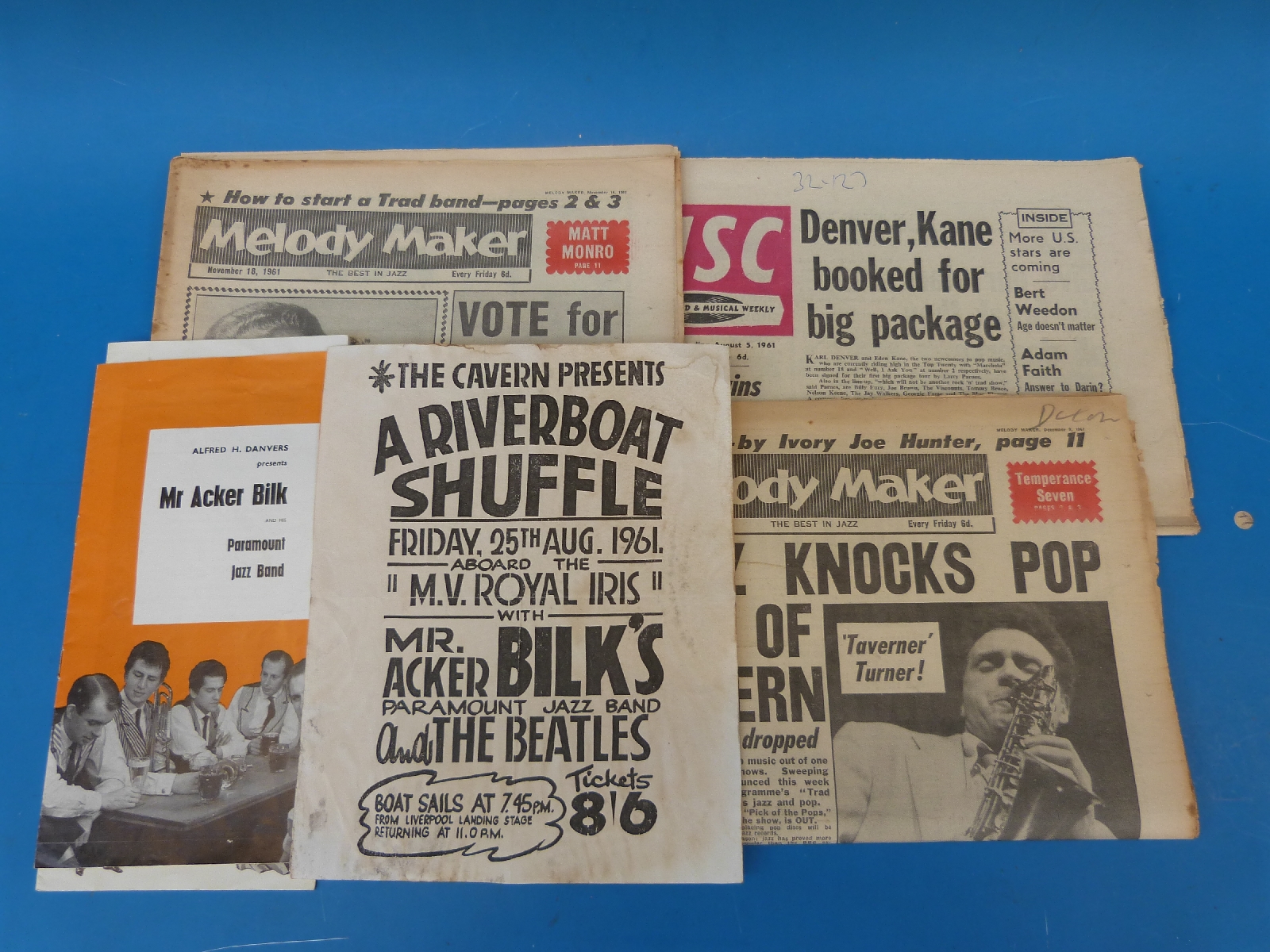 A quantity of Acker Bilk ephemera including a 1962 River Boat shuffle flyer with the Beatles