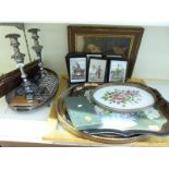 A pair of plated candlesticks, Mappin & Webb toast rack, galleried tray, military prints,