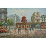An oil on board of a Paris street scene featuring the Moulin Rouge,