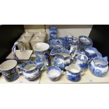 A collection of Spode, George Jones and other blue and white ceramics including storage jars,