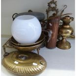 A quantity of metalware including oil lamp, pans, warmers,