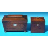 A Georgian mahogany tea caddy with brass handle and inlay together with a sarcophagus shaped