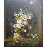 A 19thC oil on canvas still life of flowers and insects in an urn placed in a shady alcove,